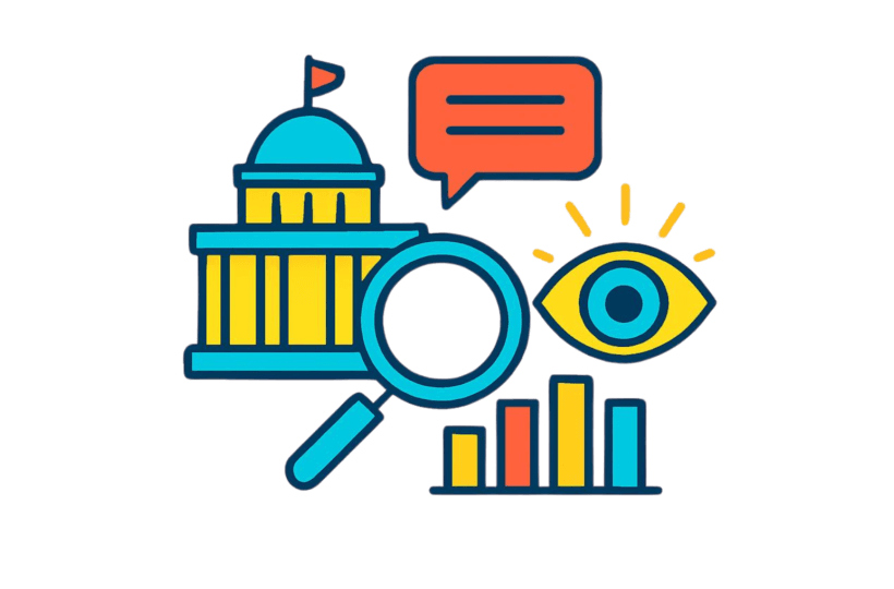 An icon cloud with government, dialouge, eye, stats, magnifying glass.