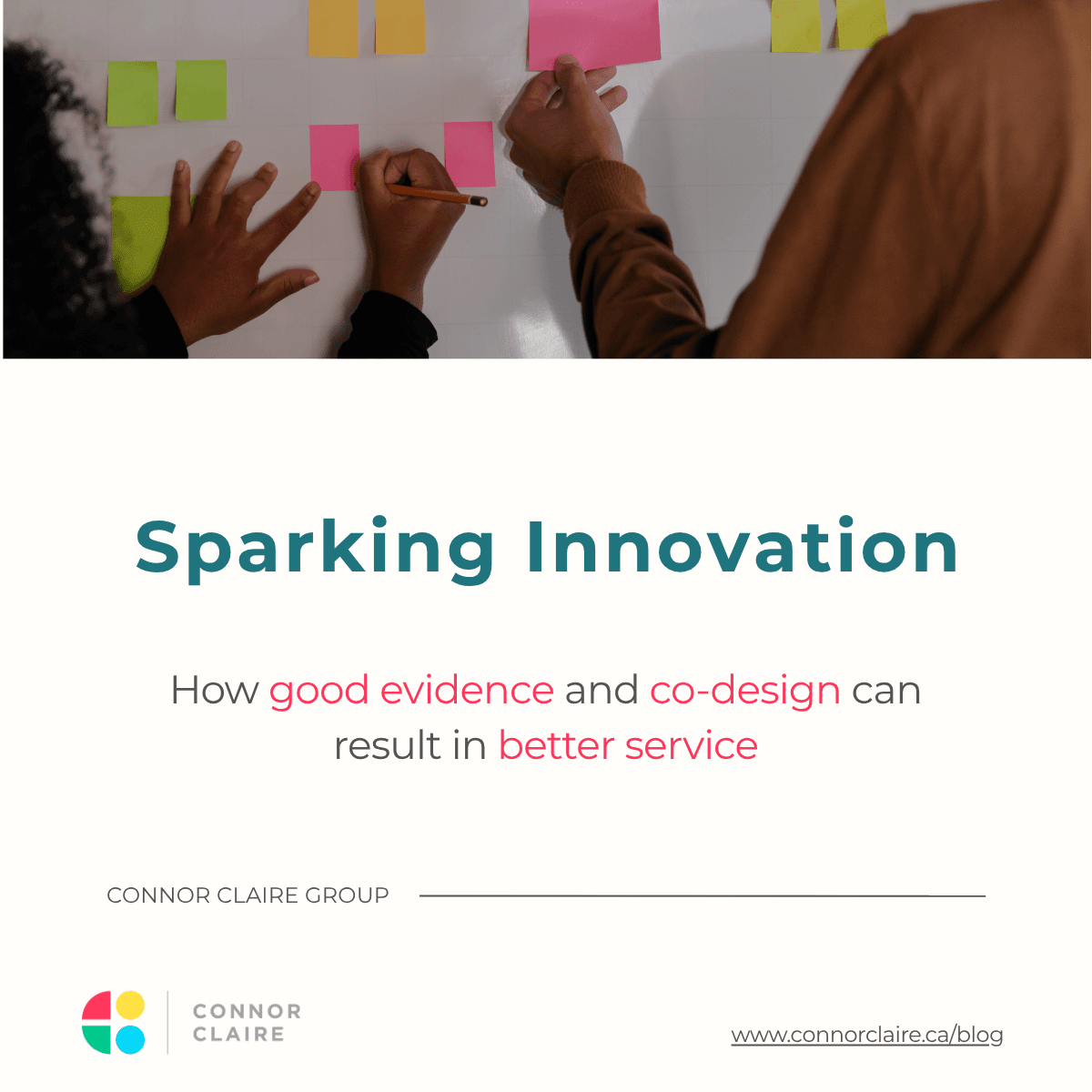 Two people collaborating around colorful sticky notes on a whiteboard during a co-design workshop