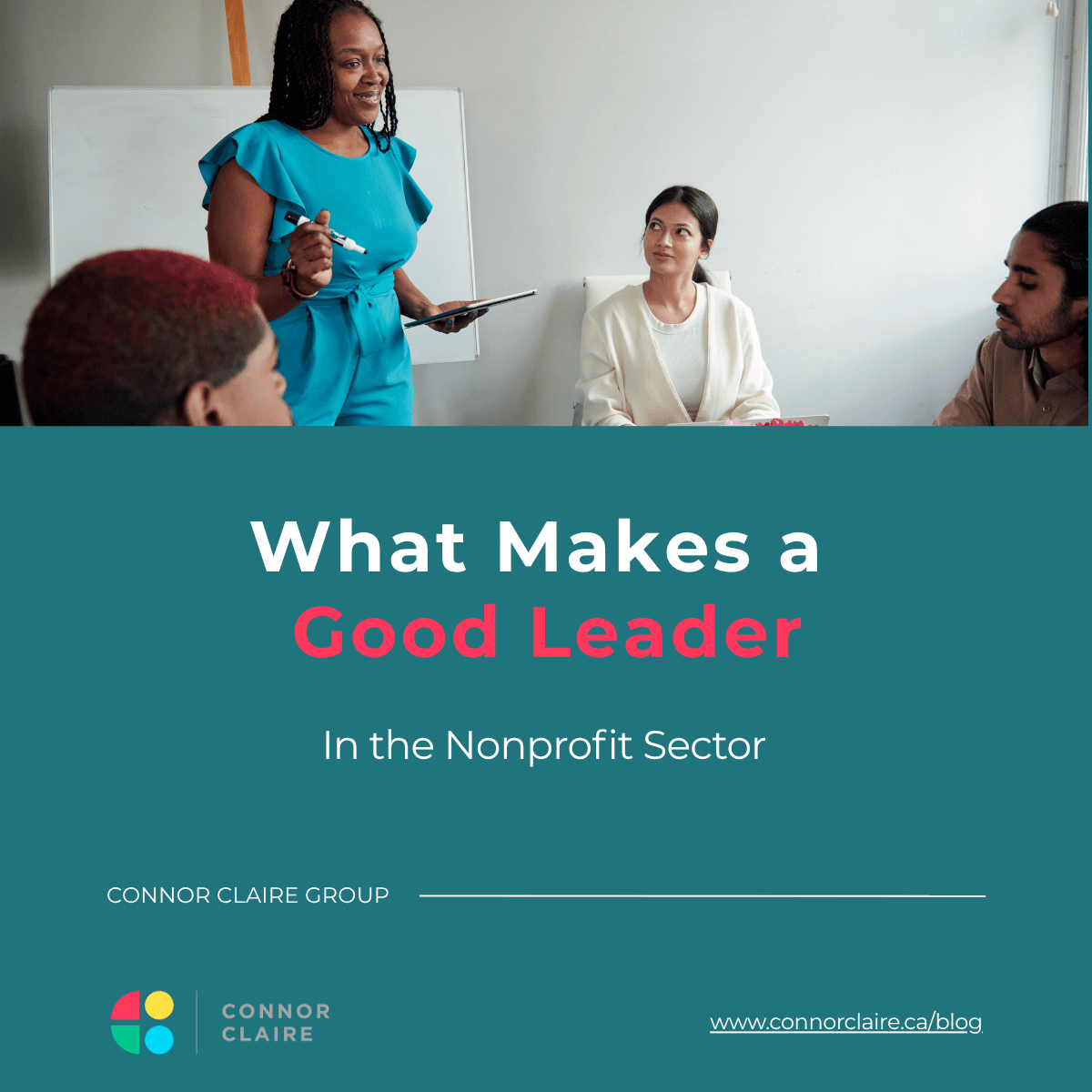Header graphic for 'What Makes a Good Leader in the Nonprofit Sector'. A woman in a teal jumpsuit presents at a whiteboard to two seated colleagues during a meeting