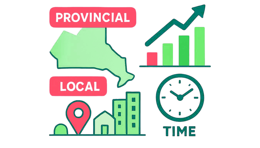 An icon cloud depicting local and provincial success over time.