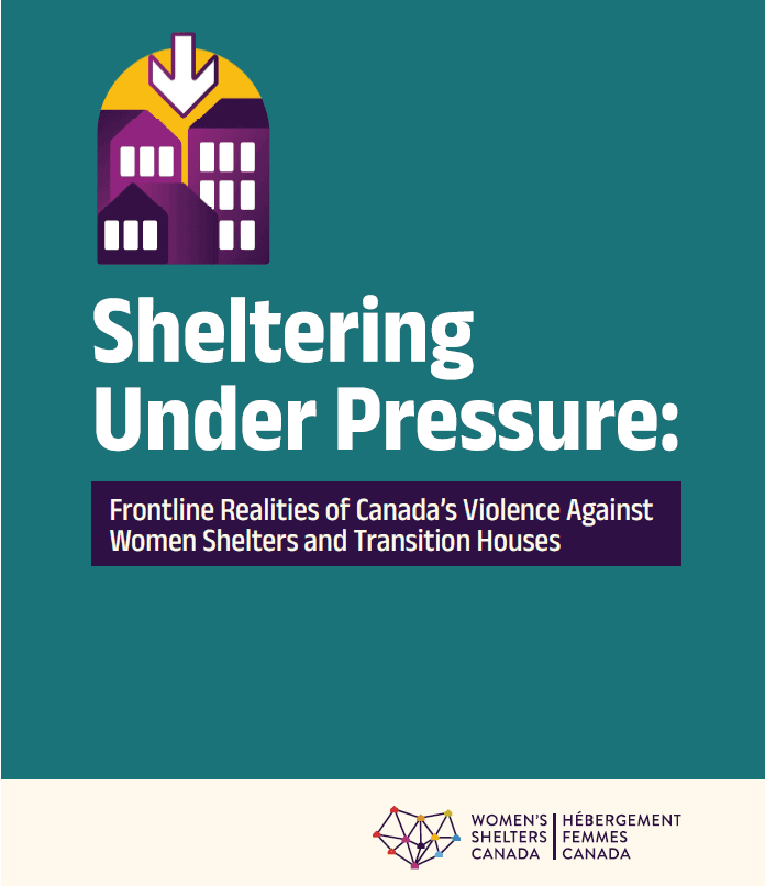 The front cover of Sheltering Under Pressure: Frontline Realities of Canada's Violence Against Womens Shelters and Transition Houses. A report by Women's Shelters Canada