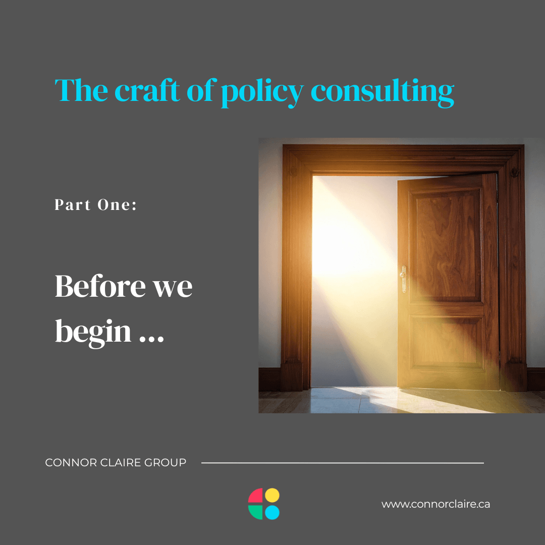Title card reading 'The craft of policy consulting, Part One: Before we begin,' beside a photo of a wooden door opening to bright sunlight.