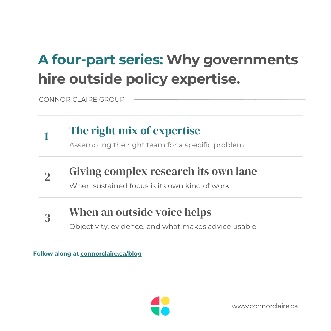Four-part blog series graphic: Why governments hire outside policy expertise, with titles and subtitles for parts 1�3.